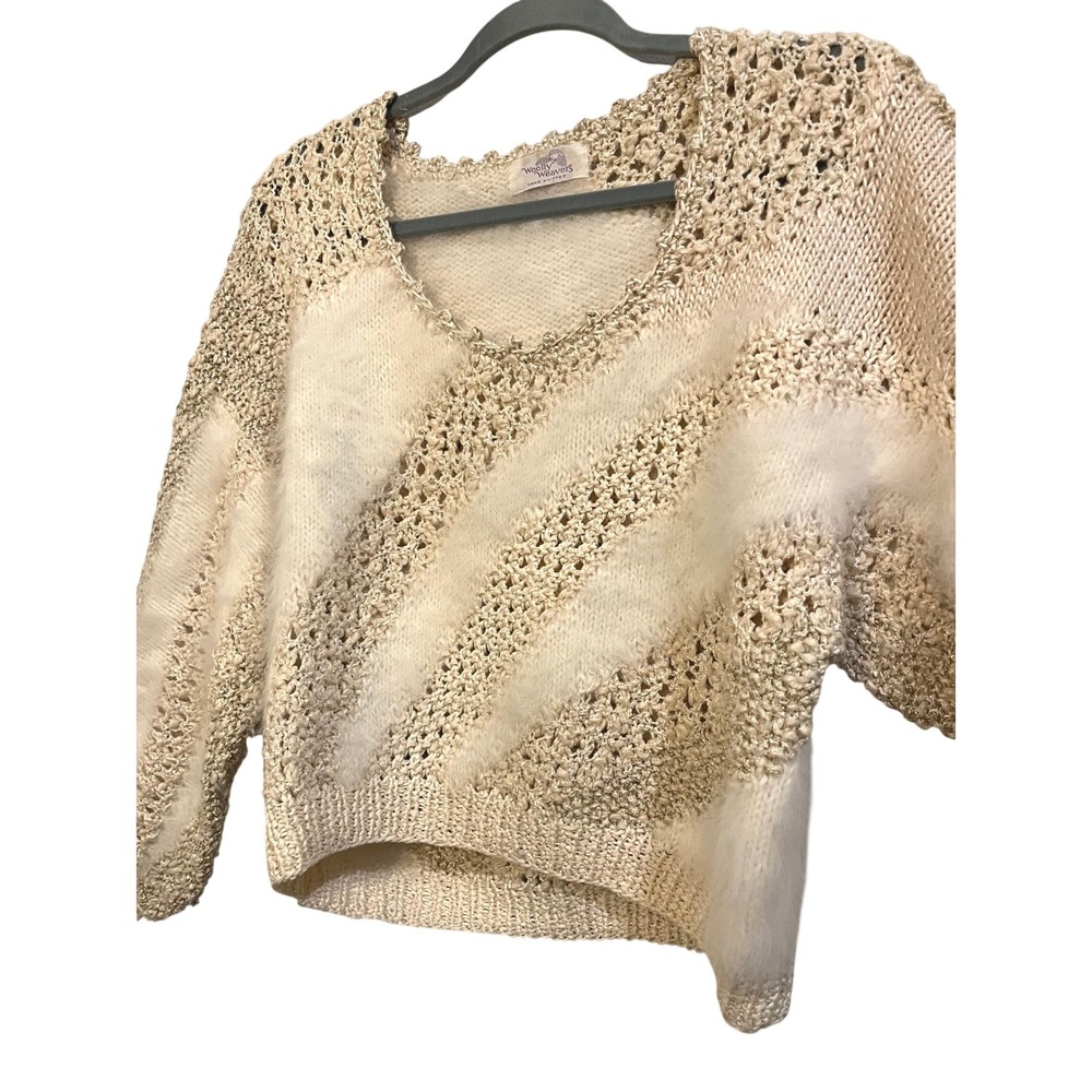 Hand Knitted Cream Gold Metallic Fuzzy Striped Sweater Crop Woolly Weavers Small - Picture 2 of 8